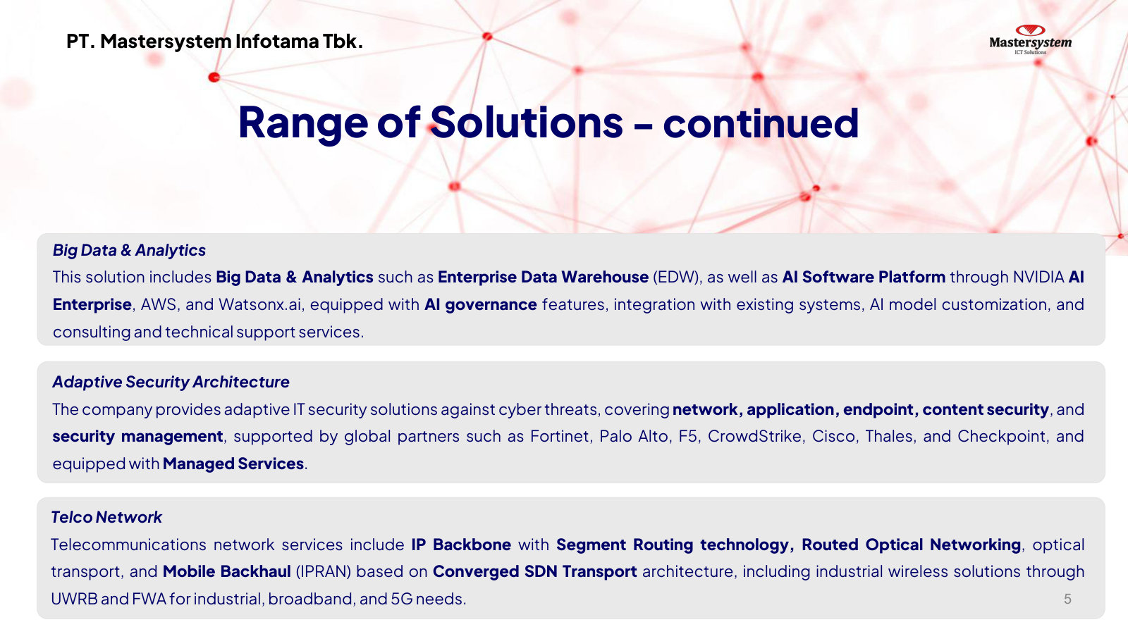 Solution portfolio, part two — big data & AI, adaptive security, and telco network, naming the principals (NVIDIA, Fortinet, Palo Alto) it builds on.